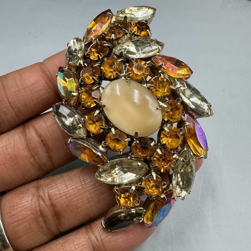 Vintage Amber Color Rhinestone Brooch Silver Tone Navette Aurora Borealis